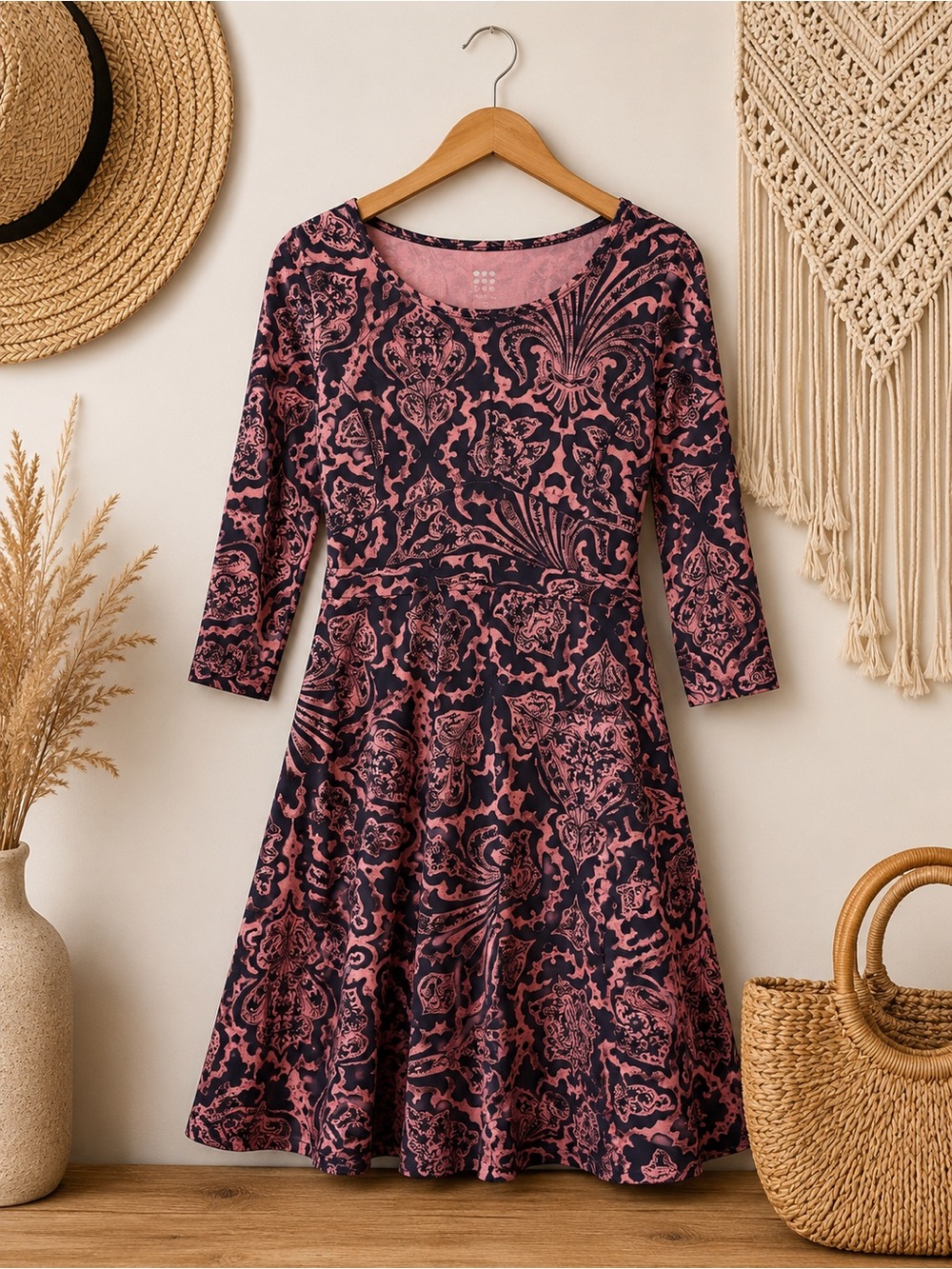 Title Nine Pink and Navy Paisley Fit-and-Flare Dress Size Small 3/4 Sleeve